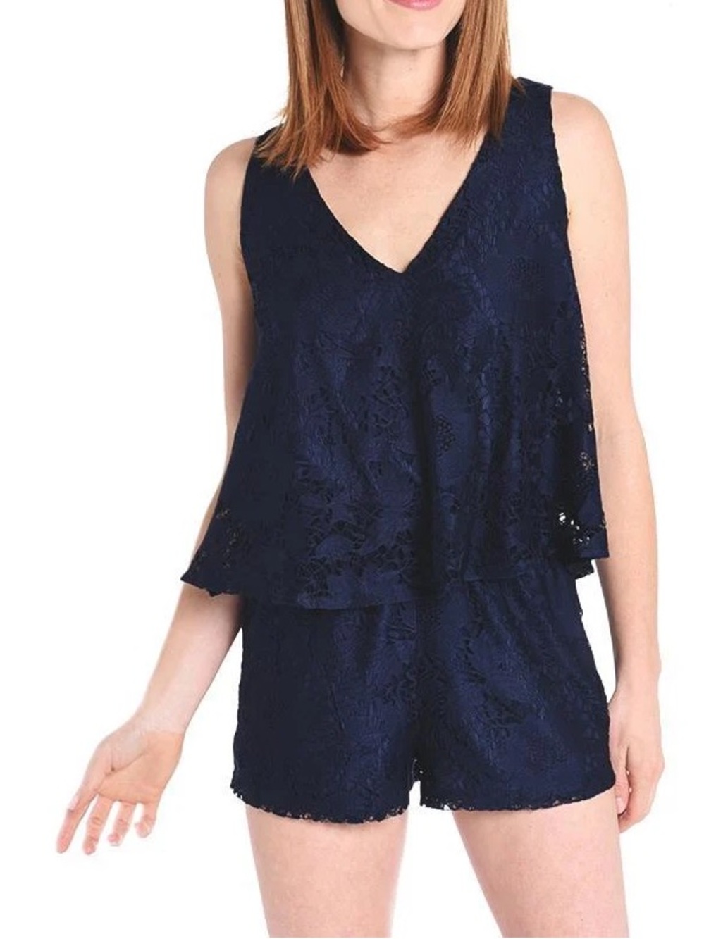 BB Dakota Navy Lace V-Neck Jeanette Romper popover bodice relaxed fit semi sheer